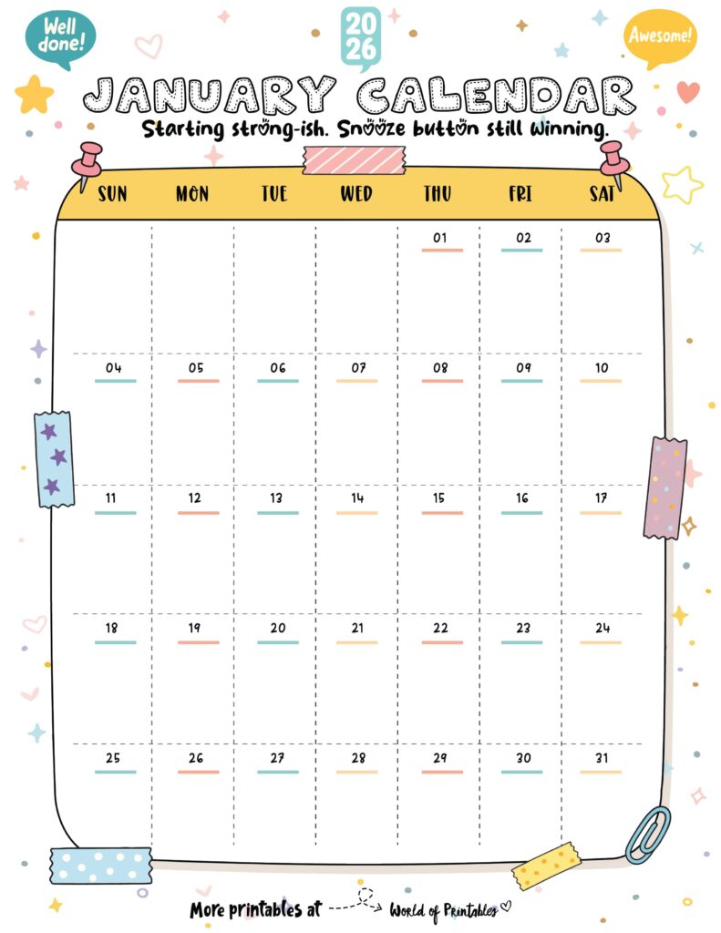 Printable January 2026 Calendar Design 335