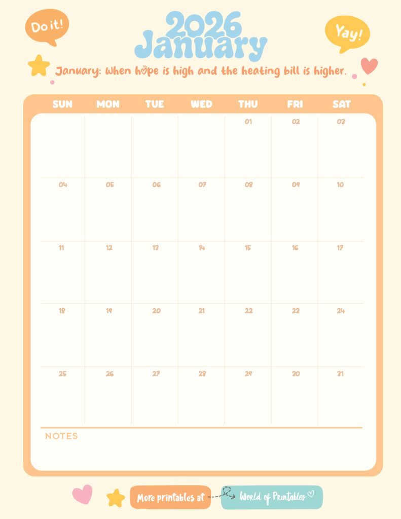 Printable January 2026 Calendar Design 337