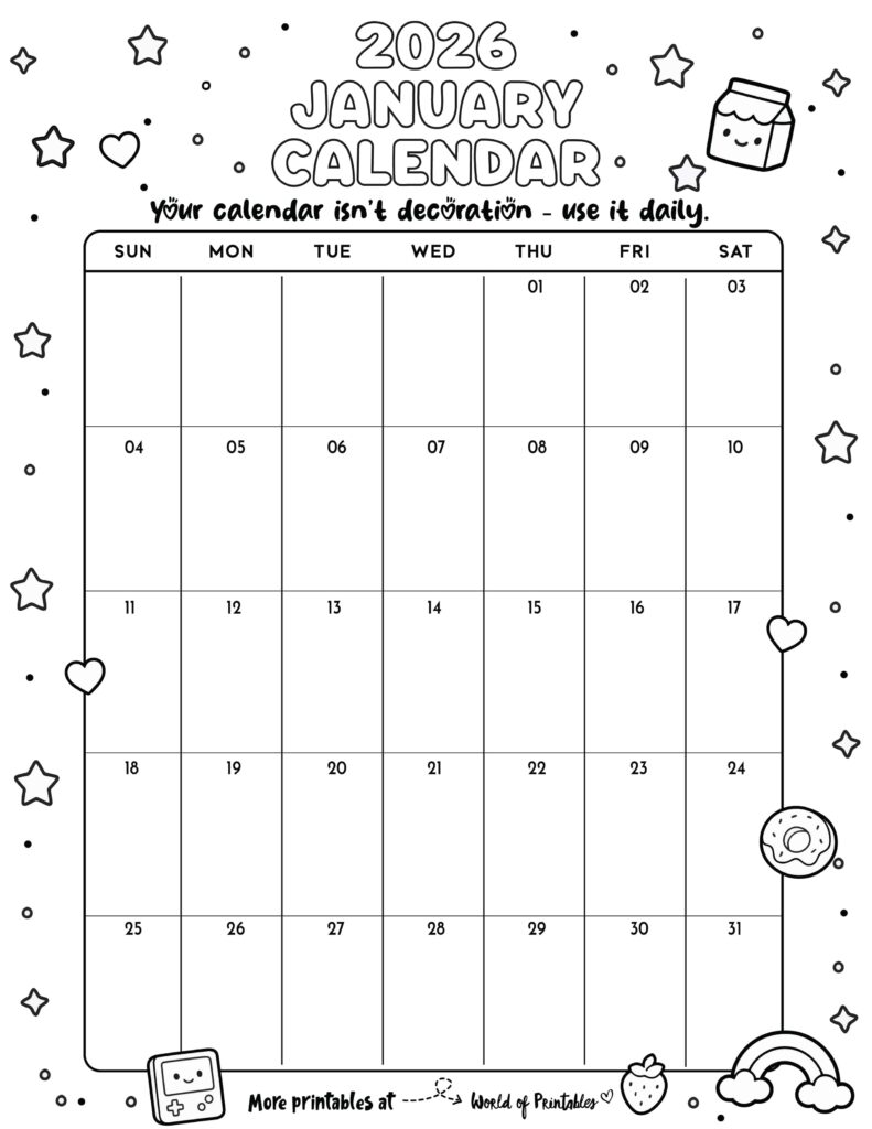 Printable January 2026 Calendar Design 340