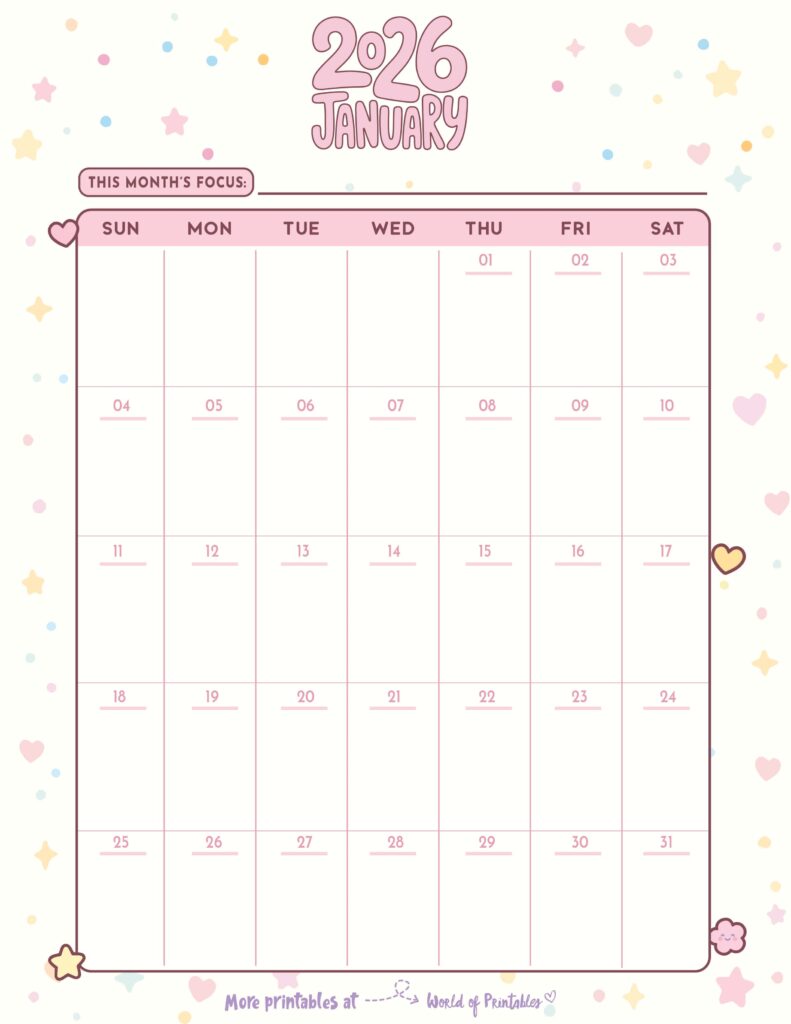 Printable January 2026 Calendar Design 344