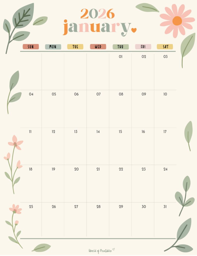 Printable January 2026 Calendar Design 345