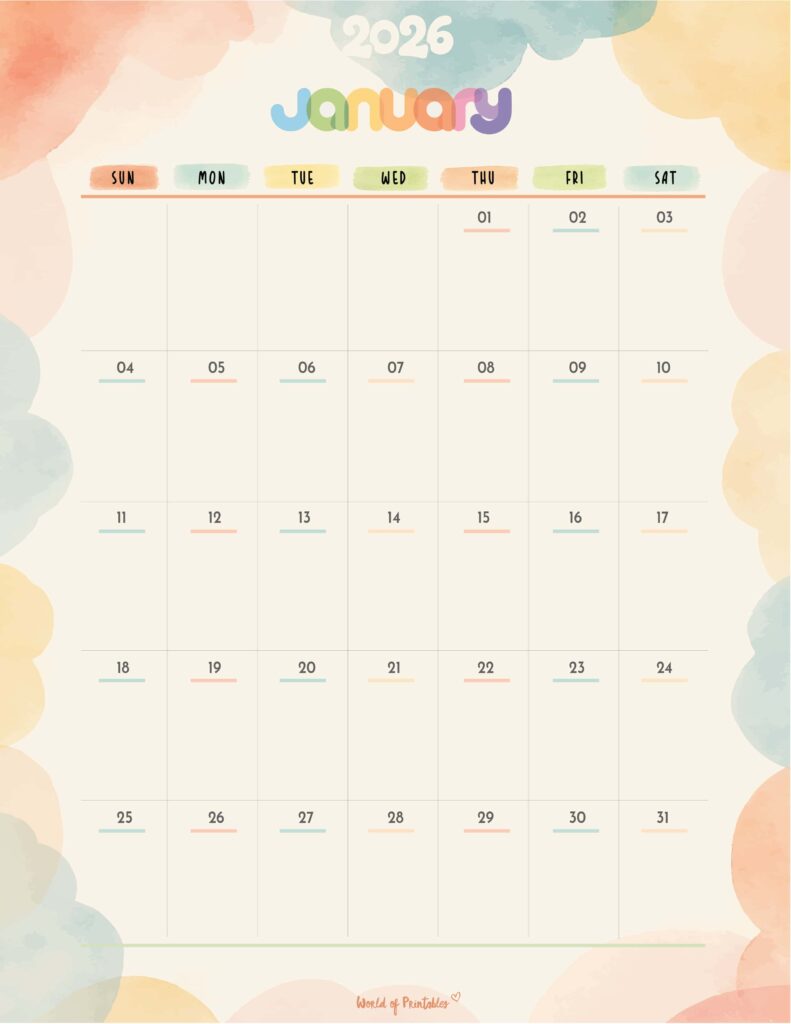 Printable January 2026 Calendar Design 346
