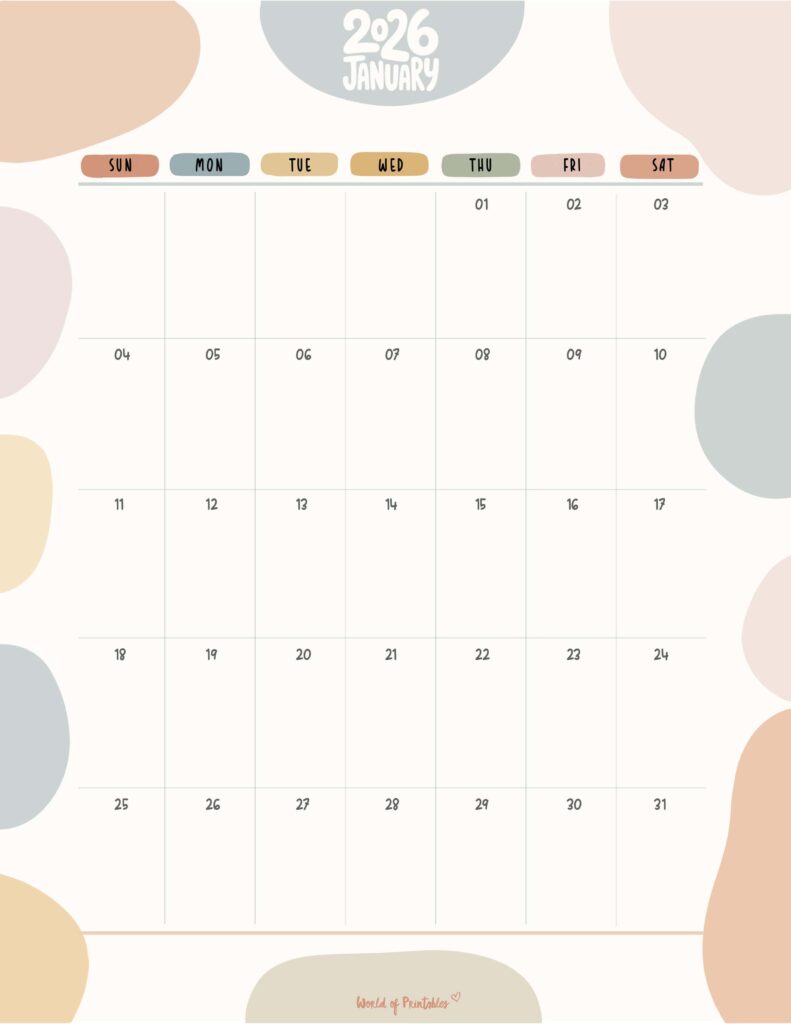 Printable January 2026 Calendar Design 347