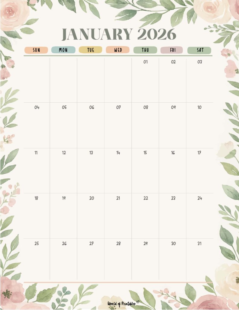 Printable January 2026 Calendar Design 348