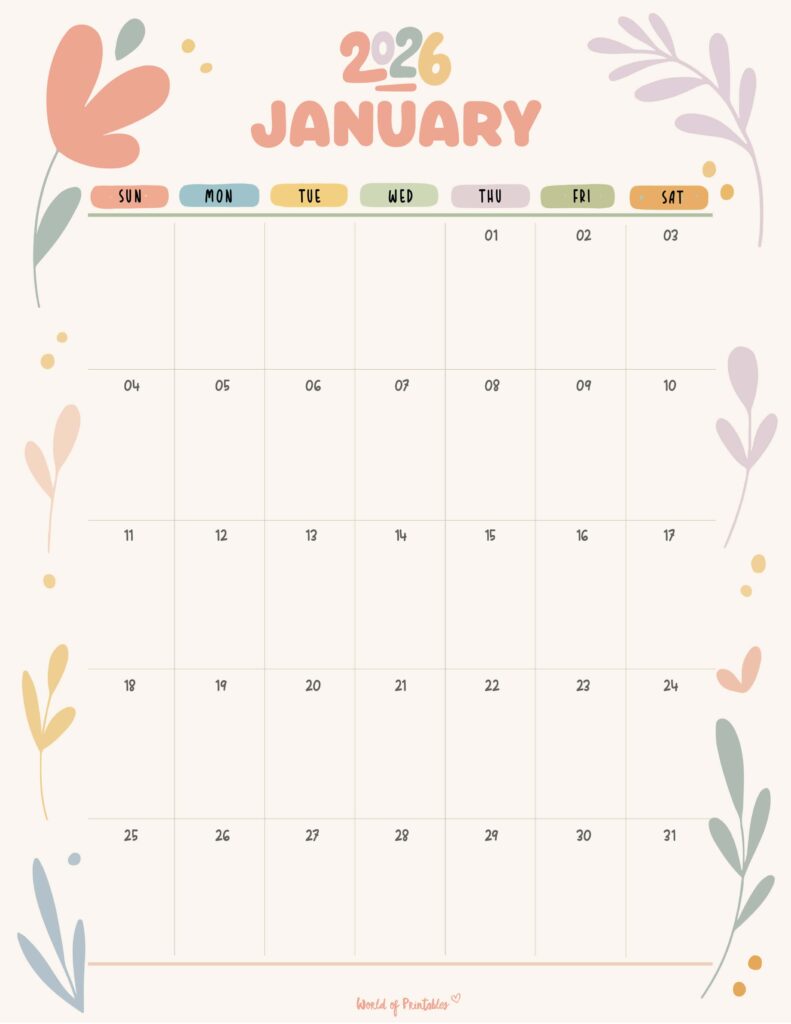Printable January 2026 Calendar Design 349
