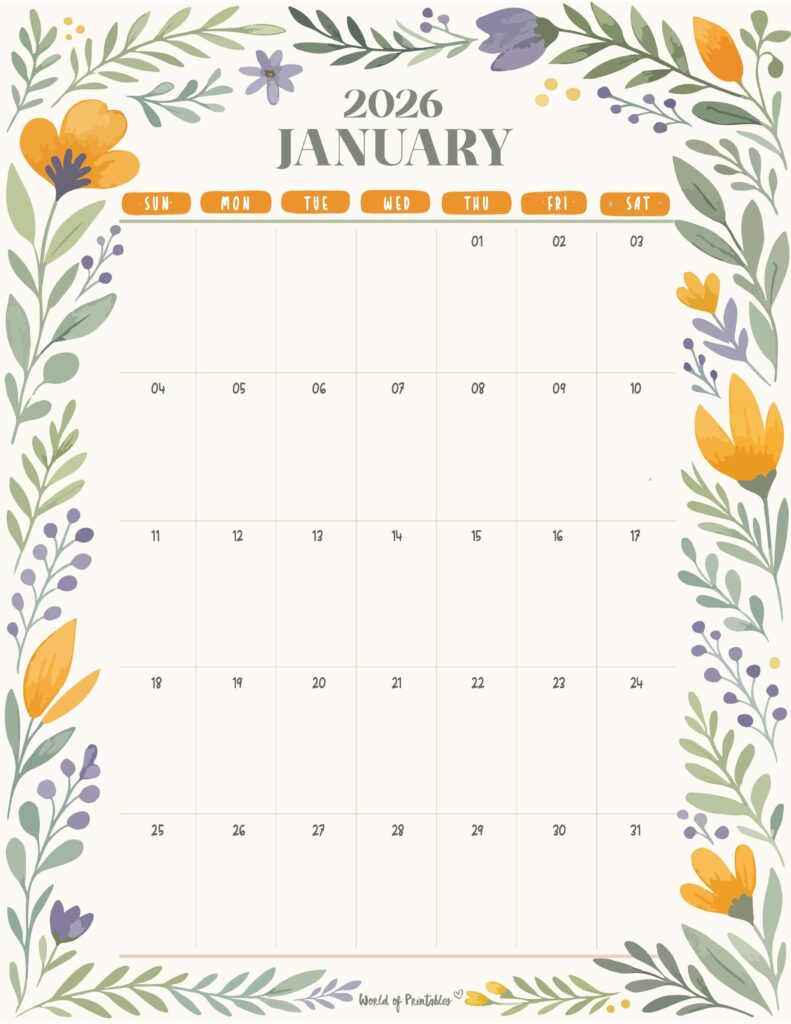 Printable January 2026 Calendar Design 350