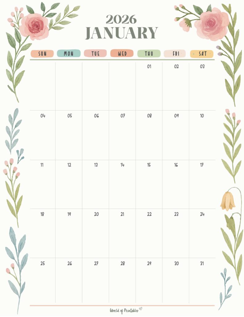 Printable January 2026 Calendar Design 351