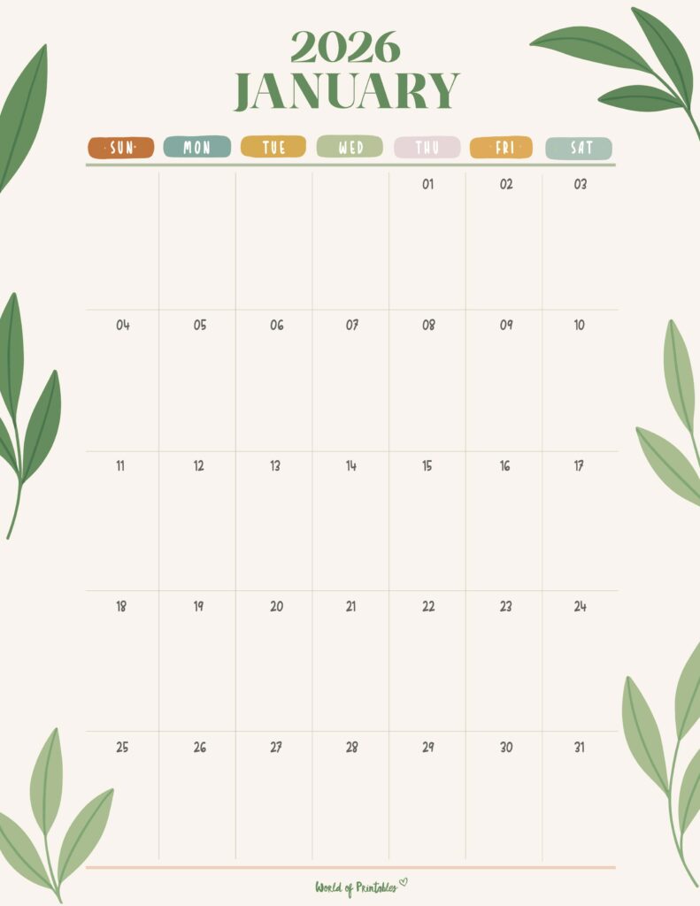 Printable January 2026 Calendar Design 354