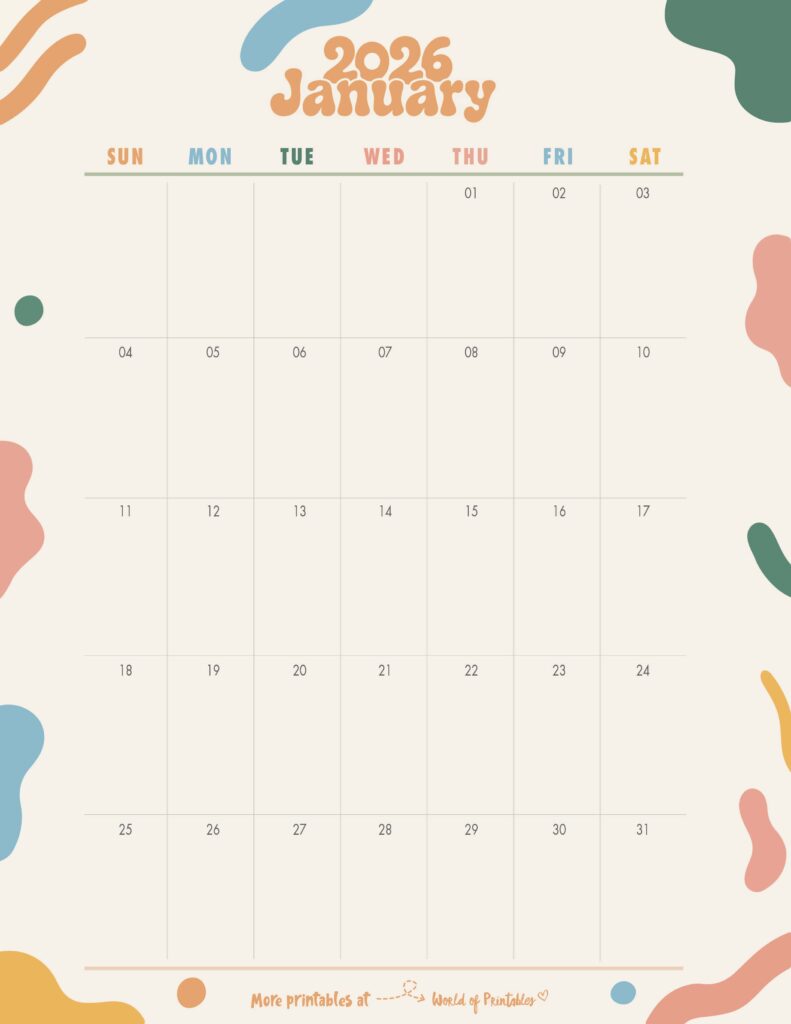 Printable January 2026 Calendar Design 355