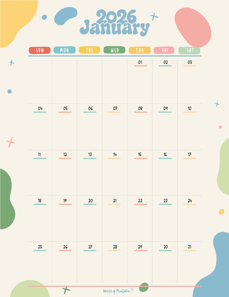 Printable January 2026 Calendar Design 356