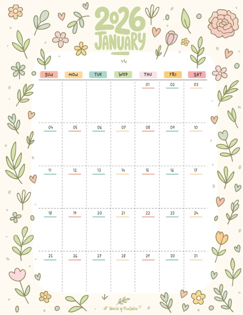 Printable January 2026 Calendar Design 357