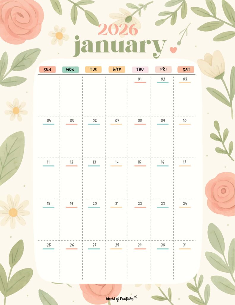 Printable January 2026 Calendar Design 358
