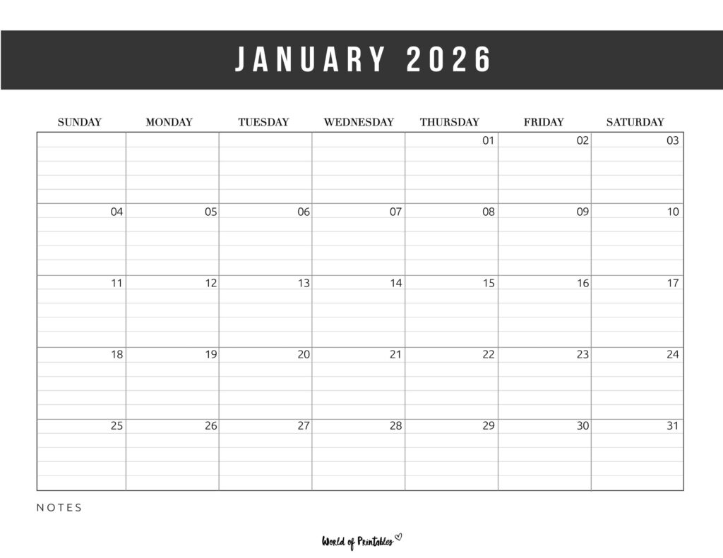 Printable January 2026 Calendar Design 372