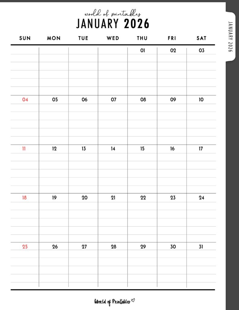 Printable January 2026 Calendar Design 373