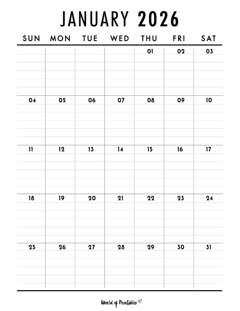 Printable January 2026 Calendar Design 375