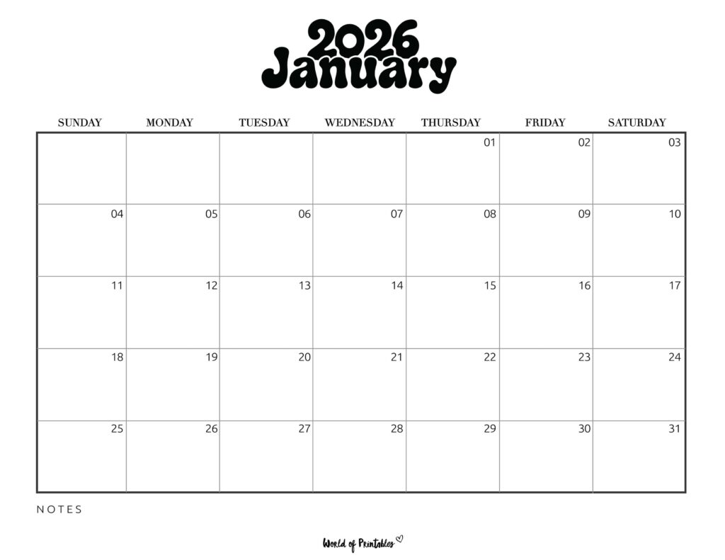 Printable January 2026 Calendar Design 377
