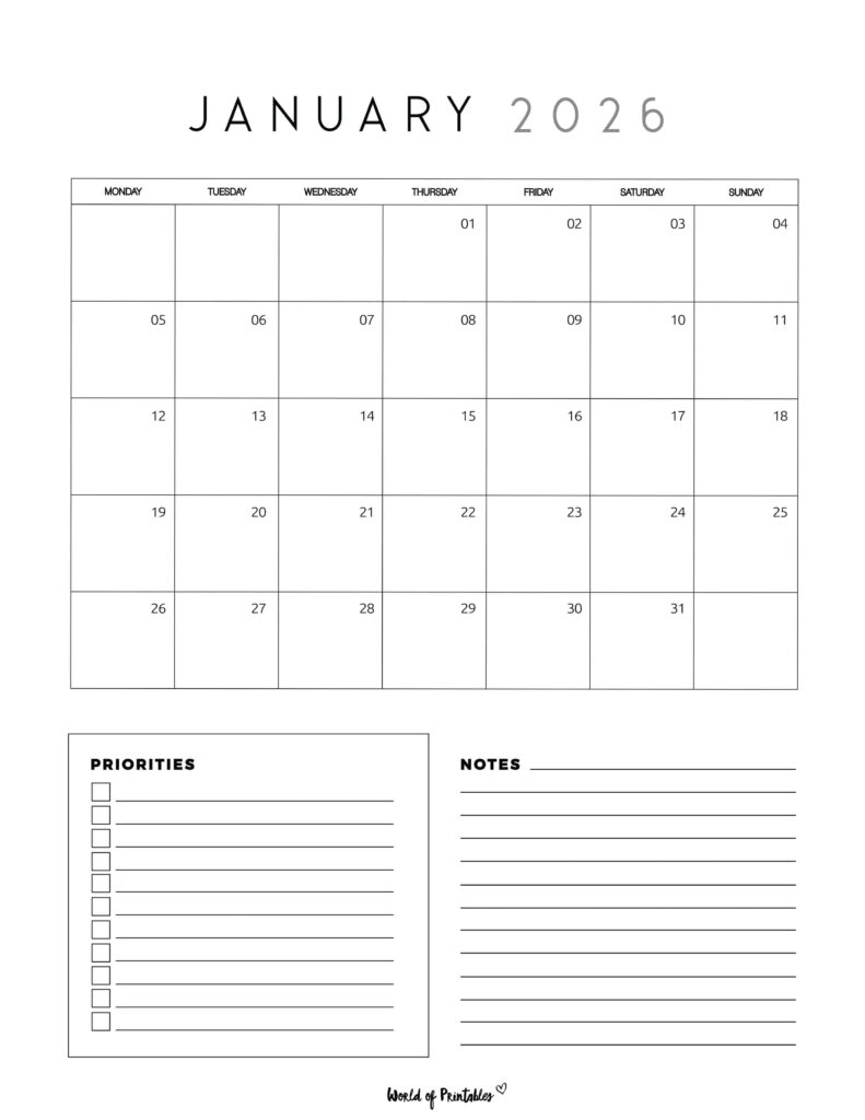 Printable January 2026 Calendar Design 64