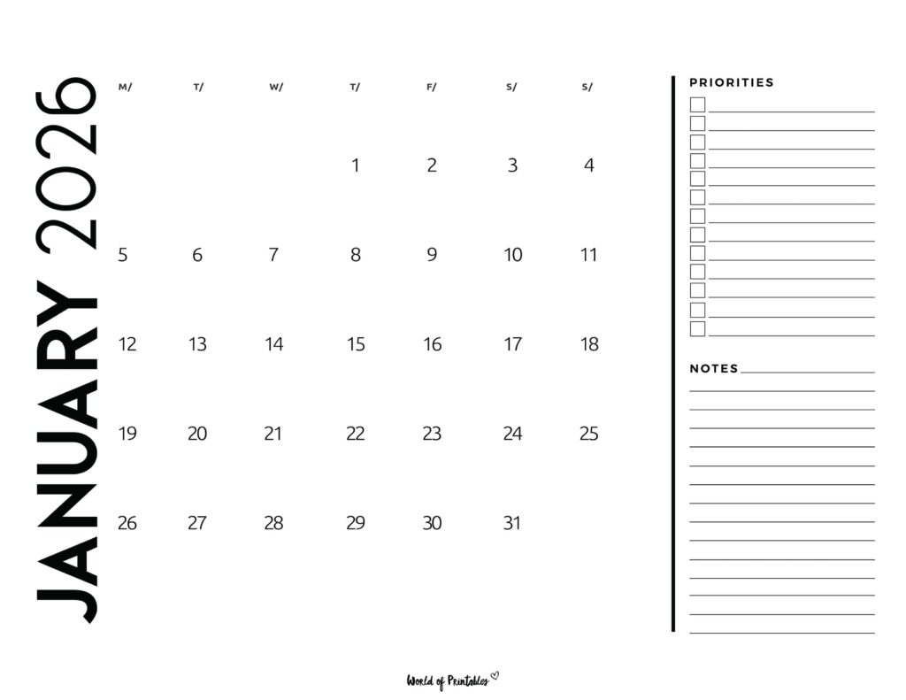 Printable January 2026 Calendar Design 68