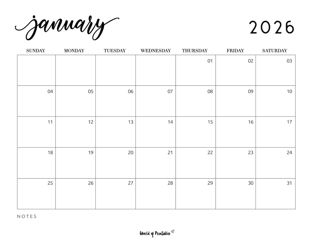 Printable January 2026 Calendar Design 7