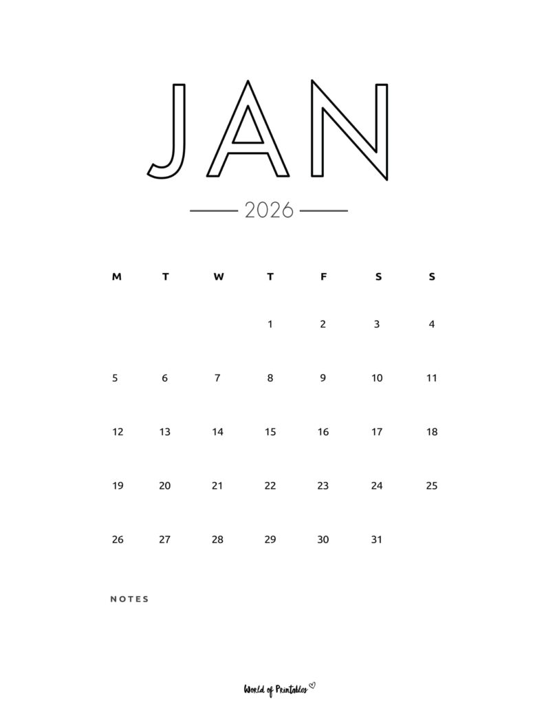 Printable January 2026 Calendar Design 70