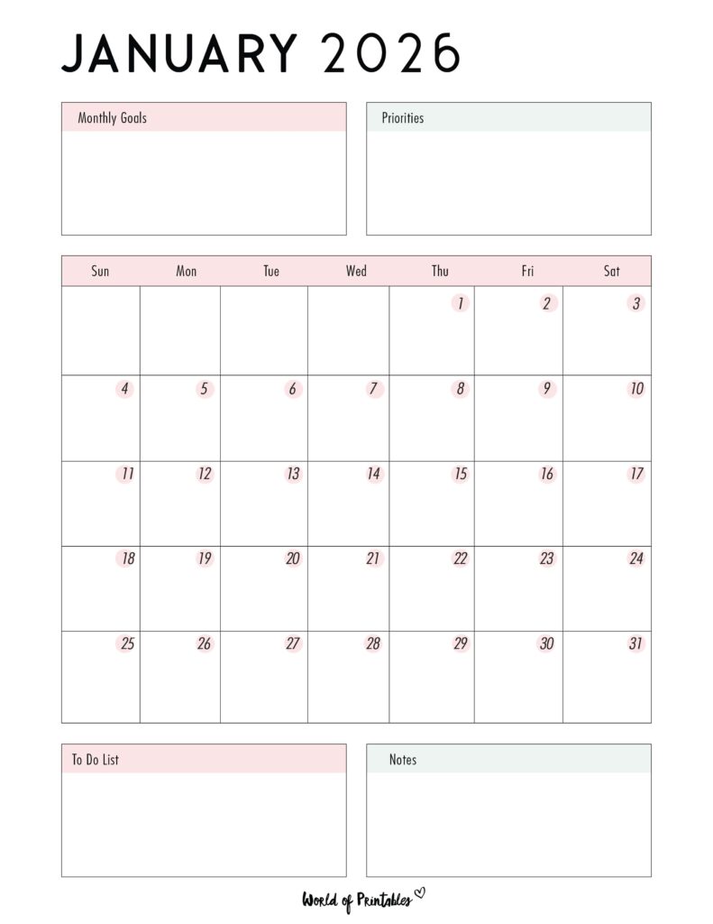 Printable January 2026 Calendar Design 86