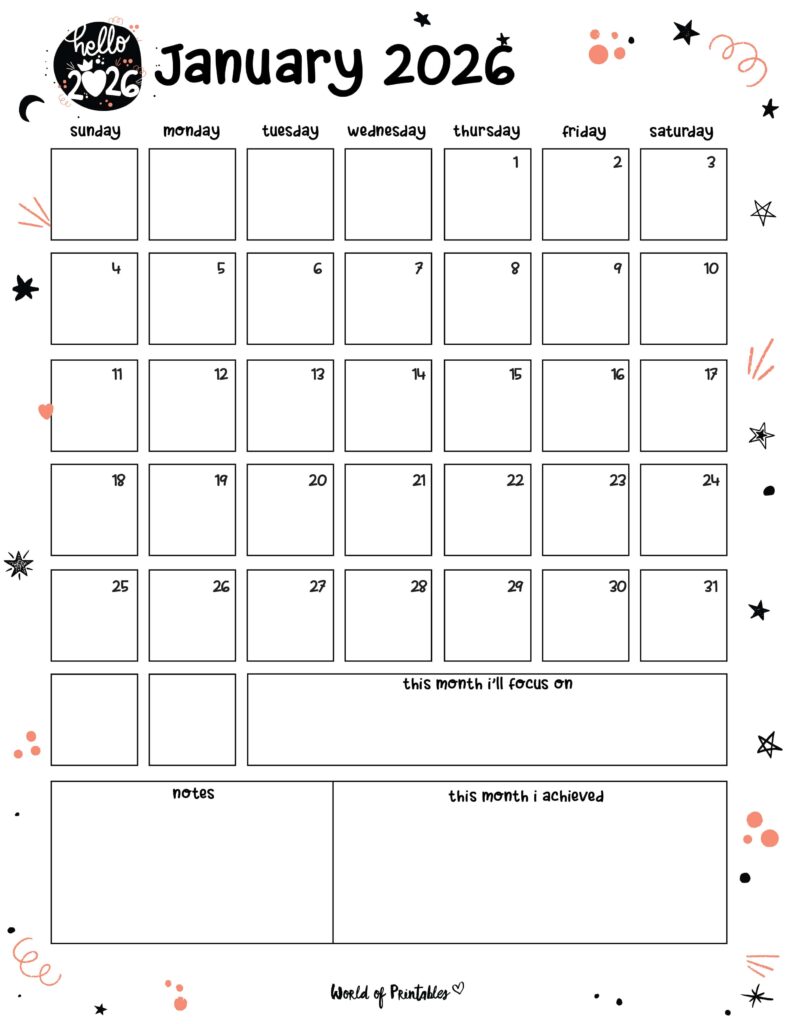 Printable January 2026 Calendar Design 88