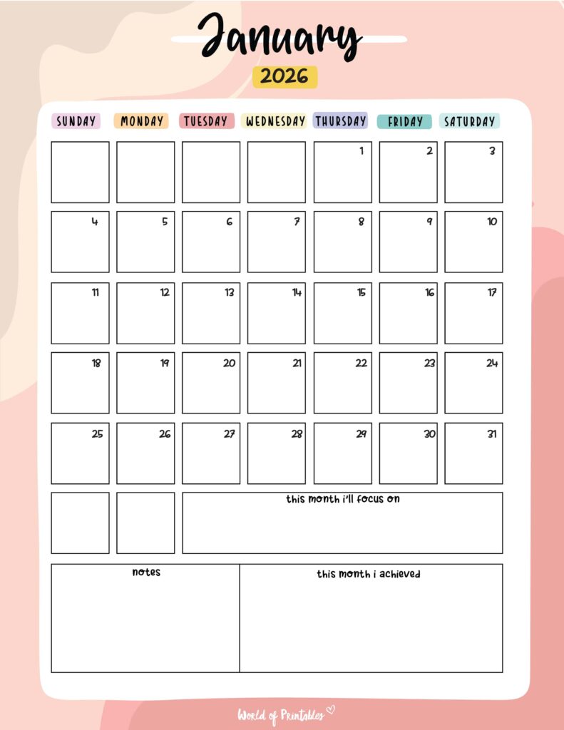 Printable January 2026 Calendar Design 89