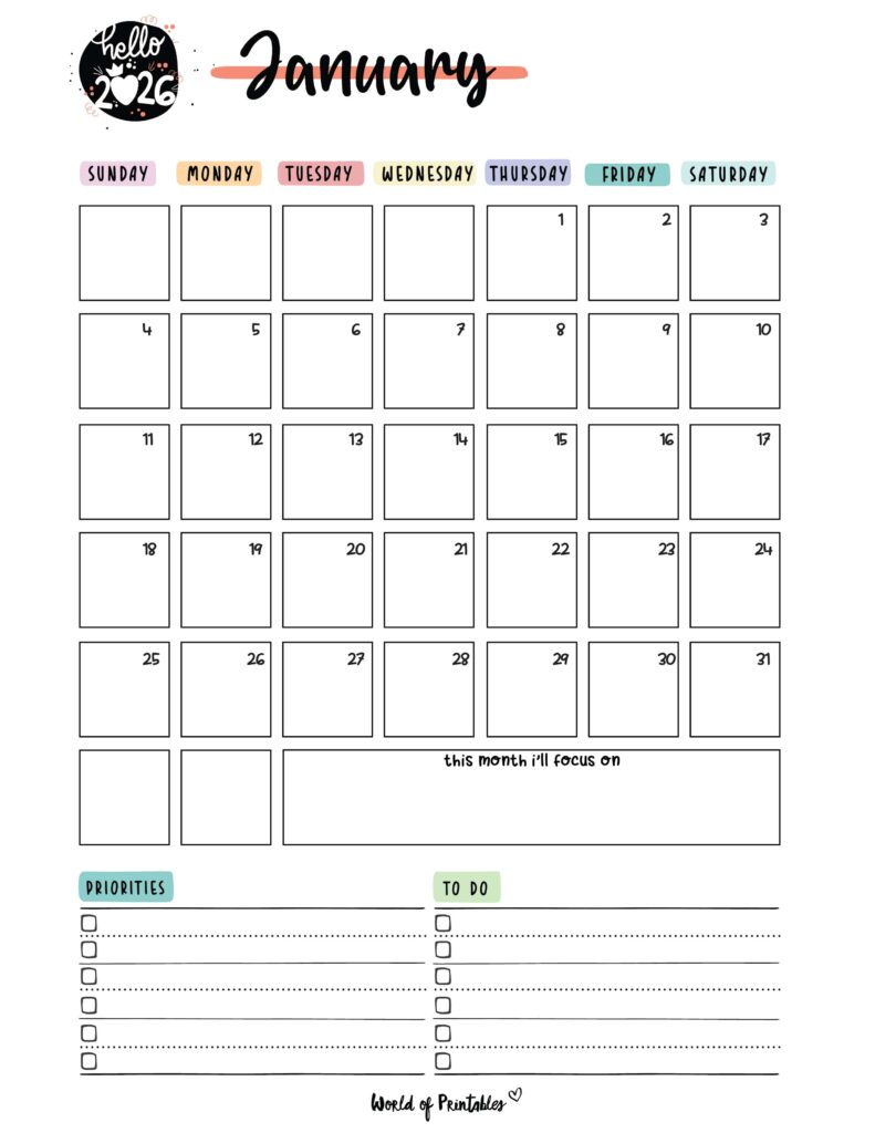 Printable January 2026 Calendar Design 90