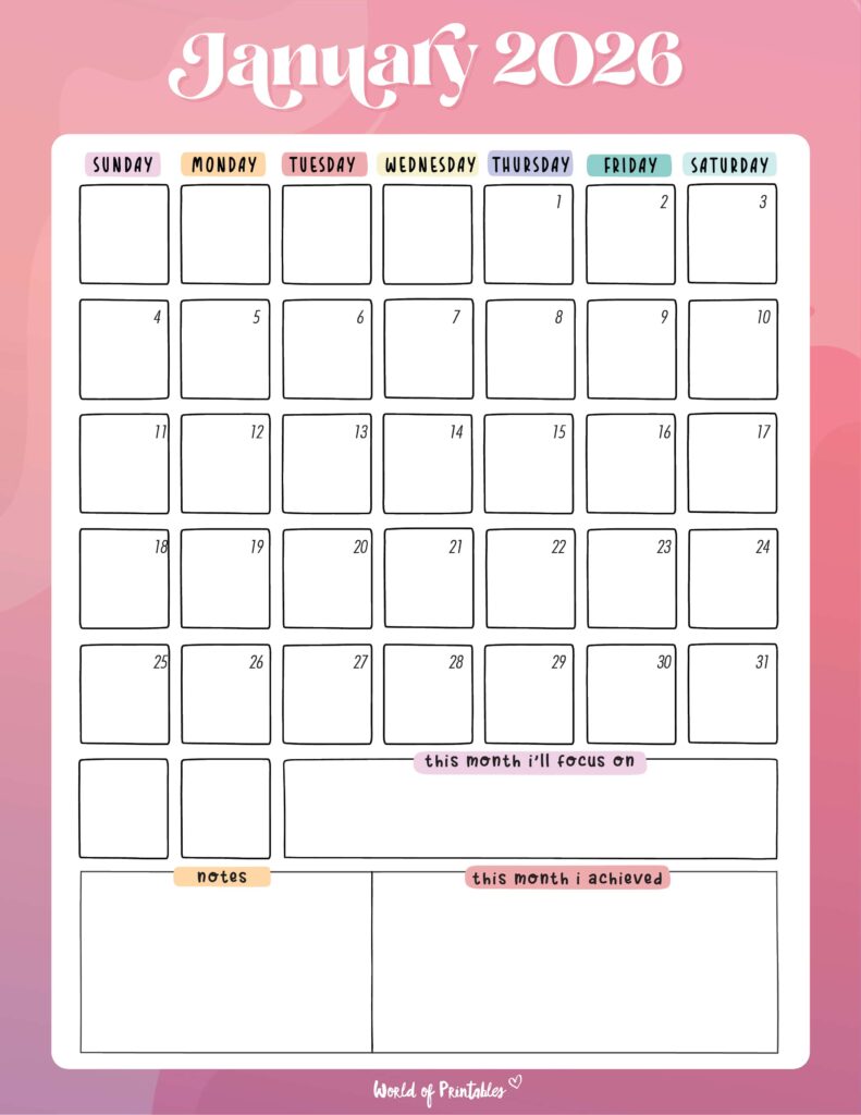 Printable January 2026 Calendar Design 93