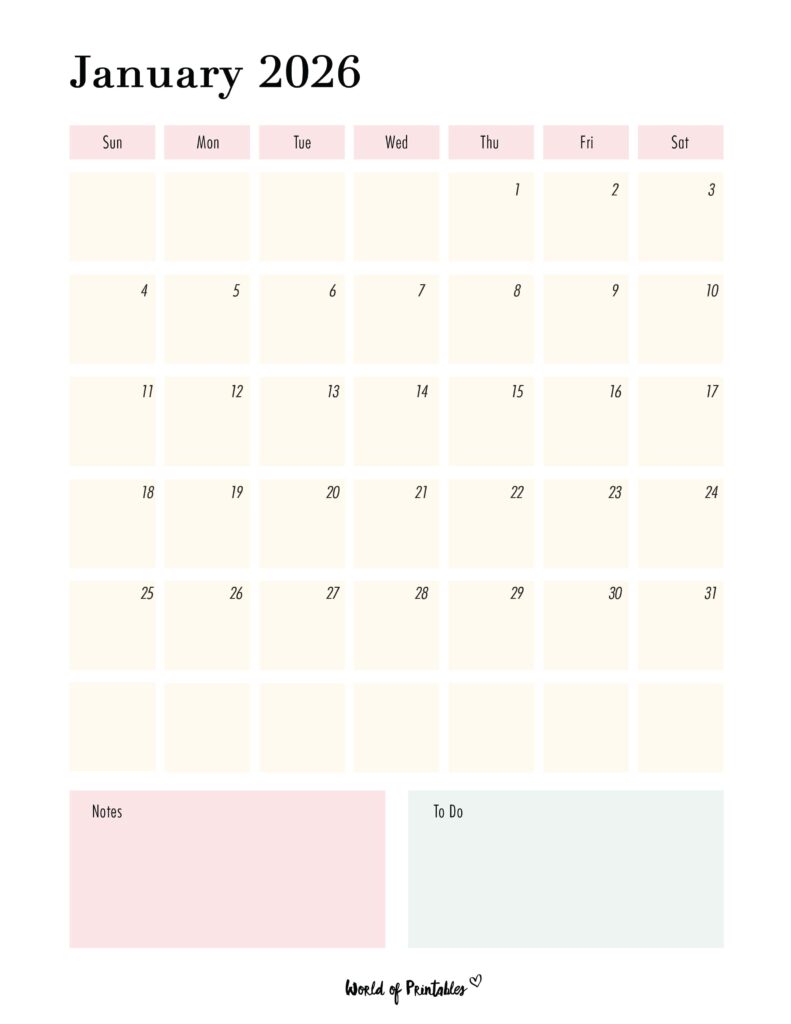 Printable January 2026 Calendar Design 96