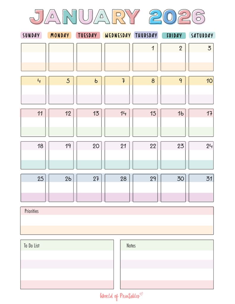 Printable January 2026 Calendar Design 98