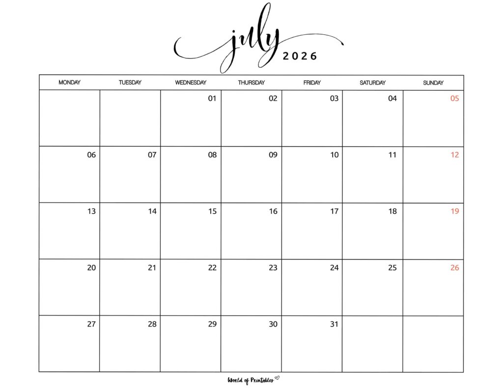 Printable July 2026 Calendar Design 1