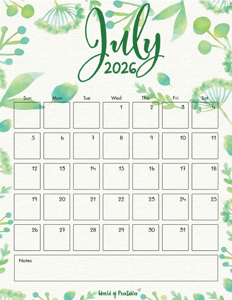 Printable July 2026 Calendar Design 100