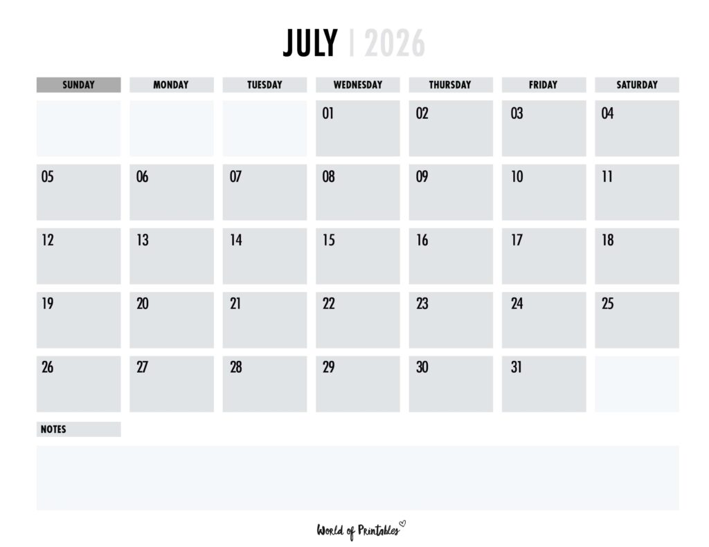 Printable July 2026 Calendar Design 101