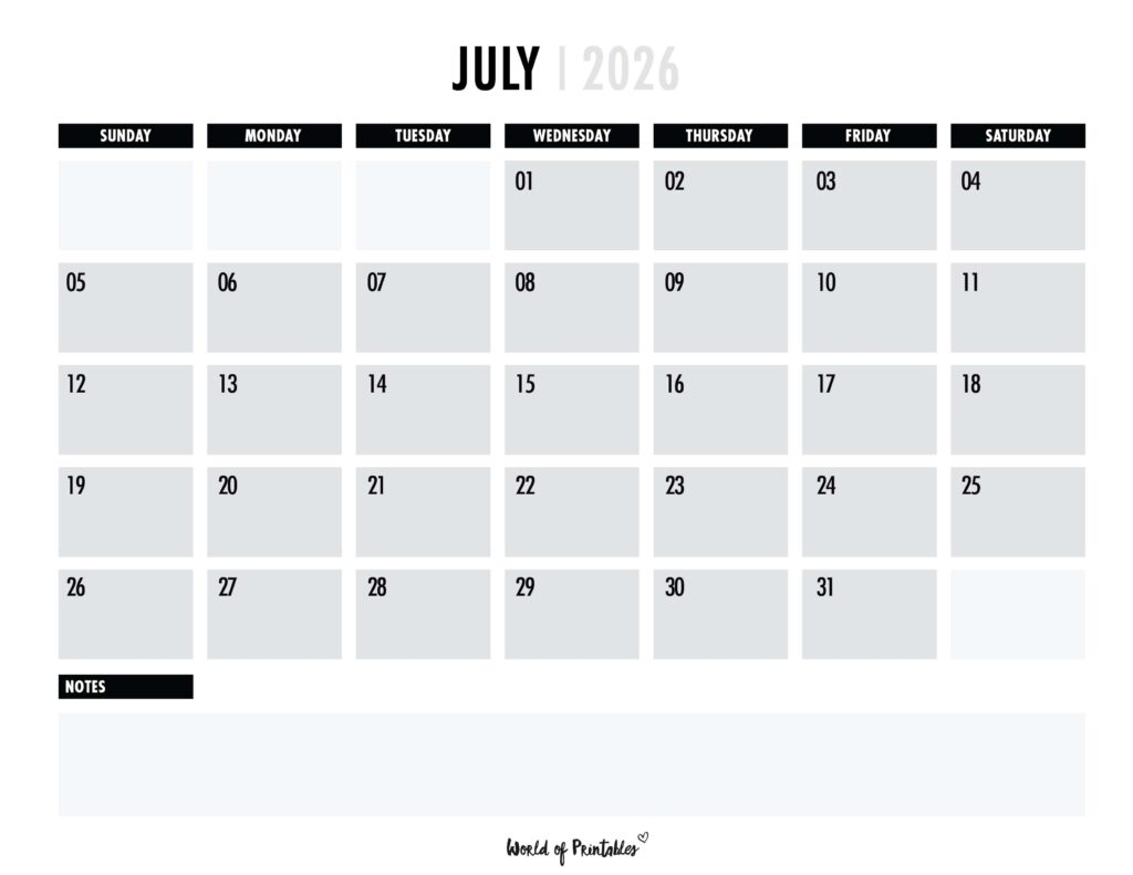 Printable July 2026 Calendar Design 102