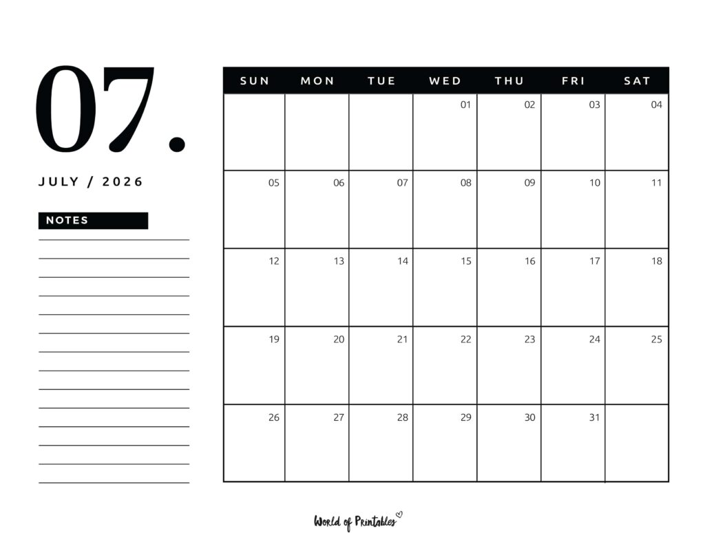 Printable July 2026 Calendar Design 105