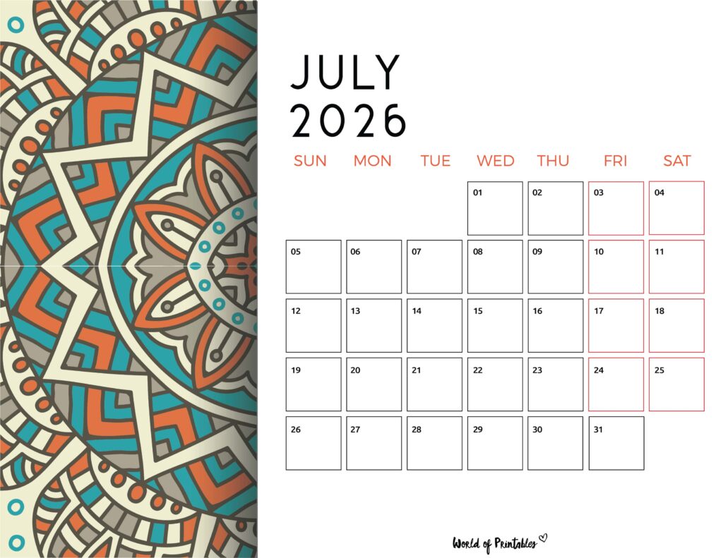 Printable July 2026 Calendar Design 116