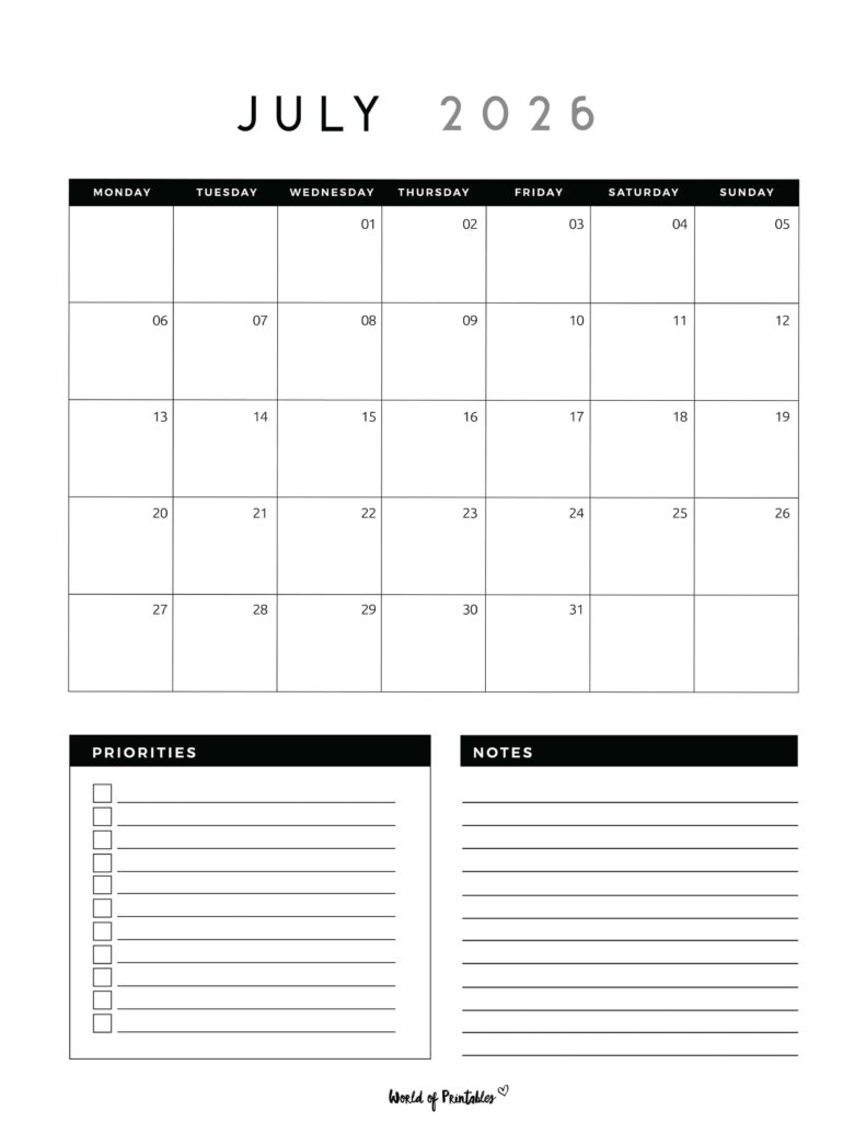Printable July 2026 Calendar Design 123