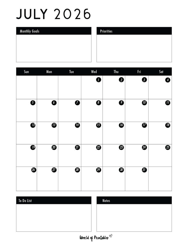 Printable July 2026 Calendar Design 124