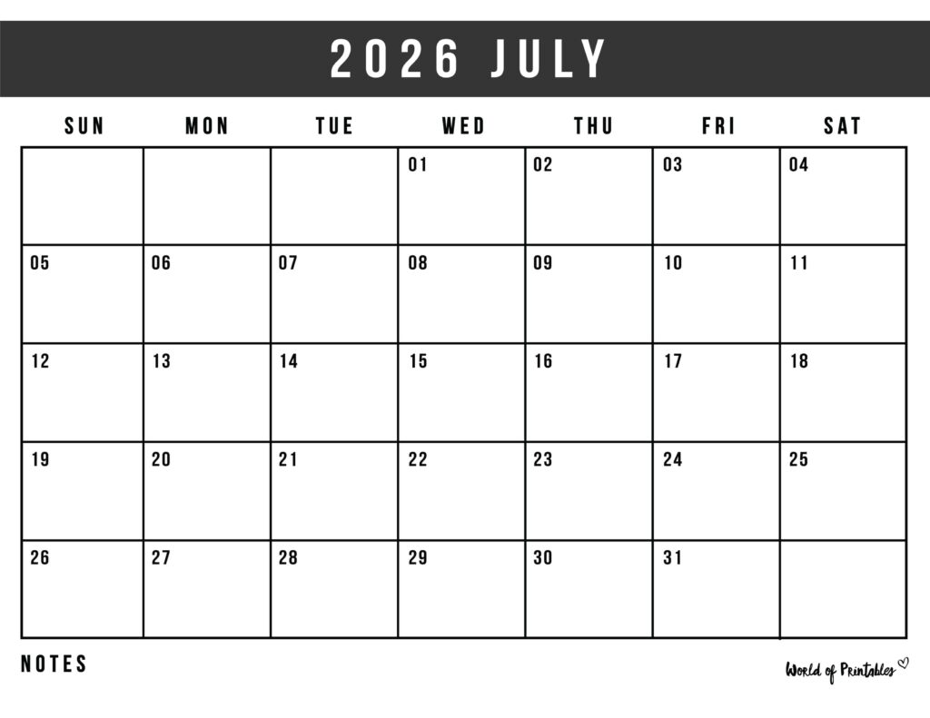 Printable July 2026 Calendar Design 125