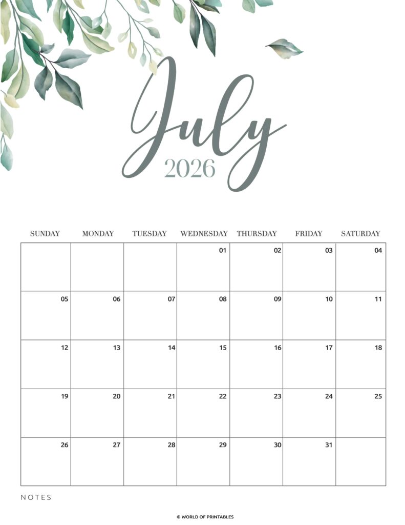 Printable July 2026 Calendar Design 2
