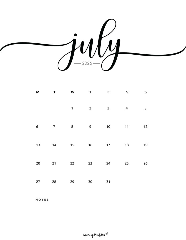 Printable July 2026 Calendar Design 201