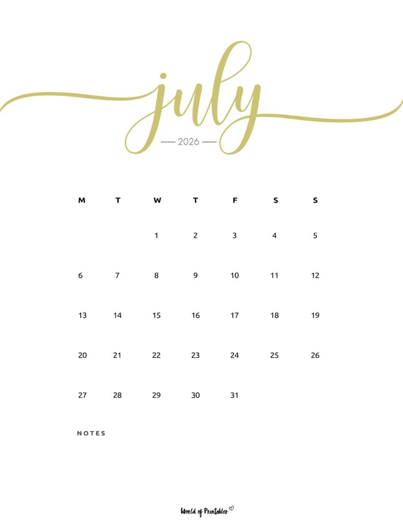 Printable July 2026 Calendar Design 202
