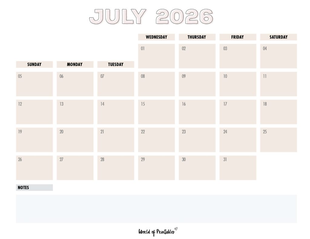 Printable July 2026 Calendar Design 203