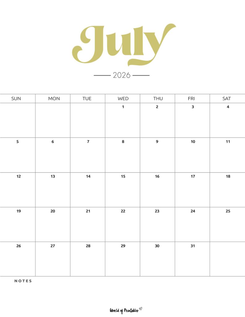 Printable July 2026 Calendar Design 204