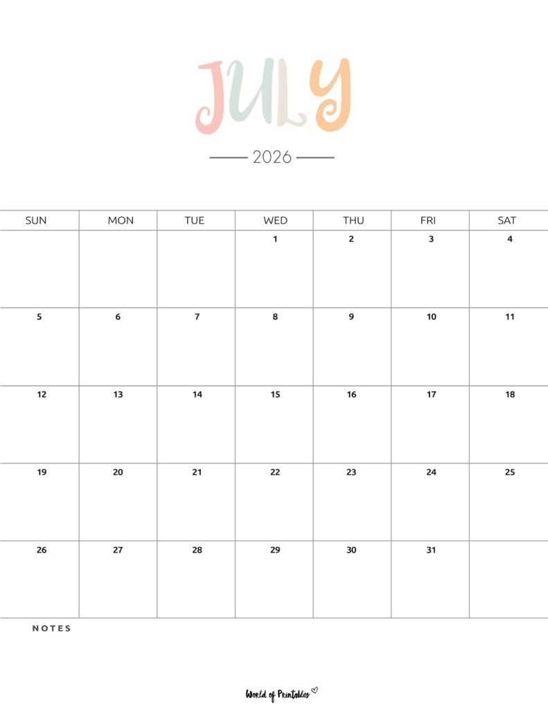 Printable July 2026 Calendar Design 205