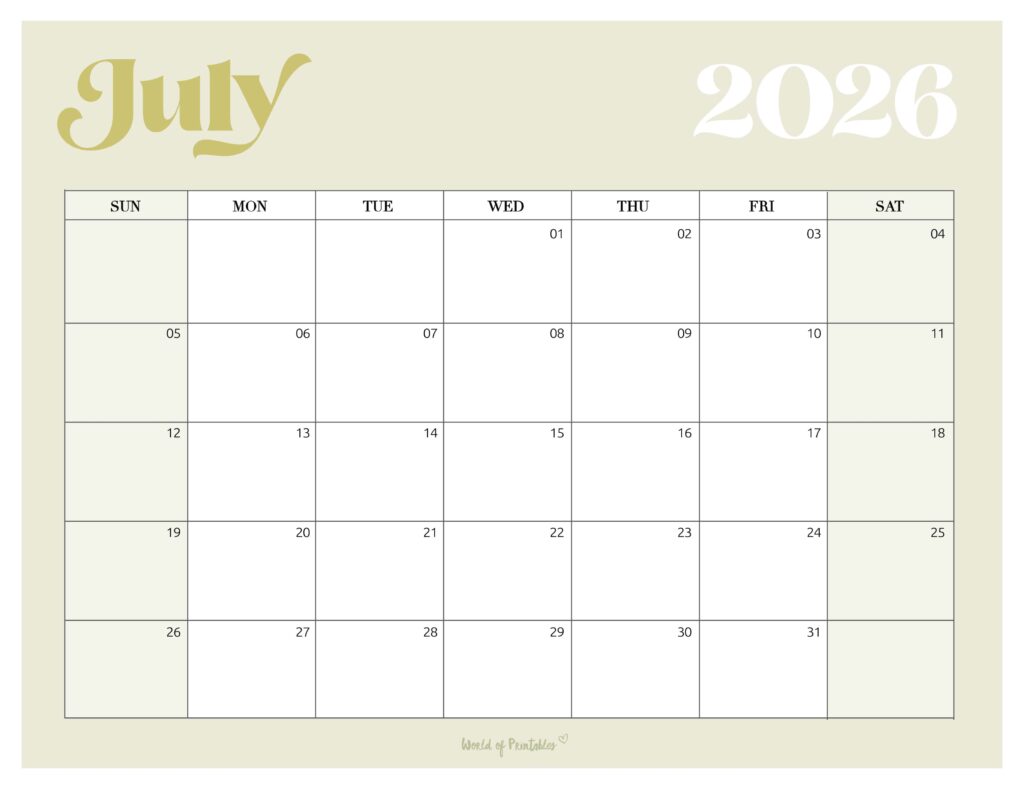 Printable July 2026 Calendar Design 207