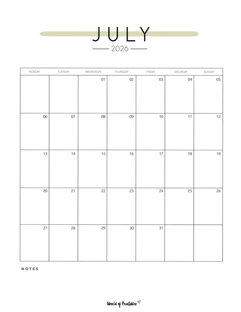Printable July 2026 Calendar Design 209