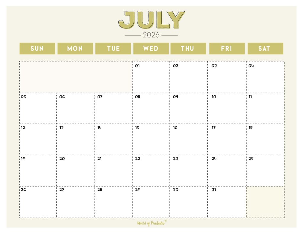 Printable July 2026 Calendar Design 210