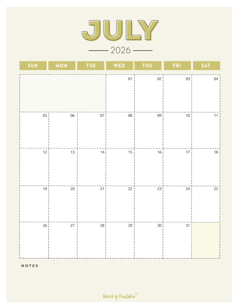 Printable July 2026 Calendar Design 213